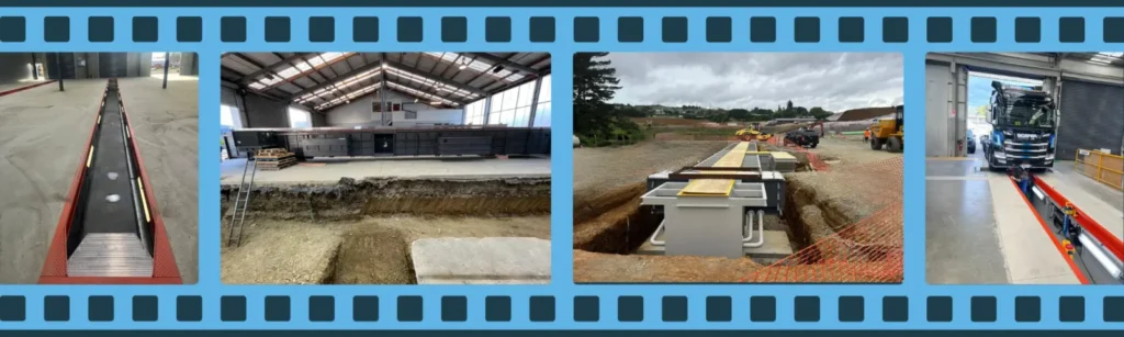 A filmstrip of images showing three different prefabricated steel inspection pits installed by EquipSpecs and the civil work for a forth.