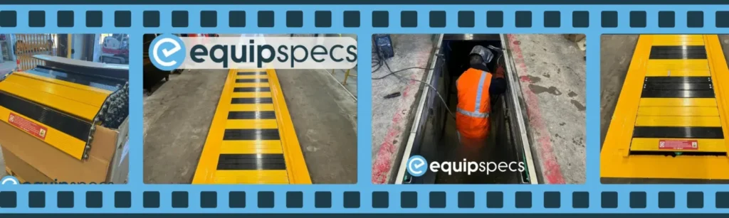 Filmstrip showing the EquipSpecs installation process for an automatic, air-operated pit cover.
