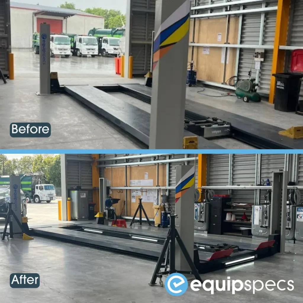 A photo of two images together. The top image showing the initial Velyen Heavy Duty Four Post Lift installation by EquipSpecs with the upgraded lift with lighting system underneath. 