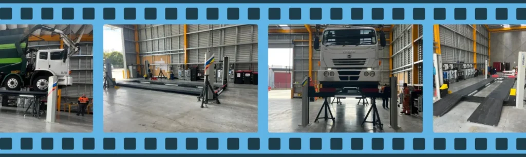 A film strip showing different images of the retrofit LED install on a Velyen Heavy Duty Four Post Lift completed by EquipSpecs.