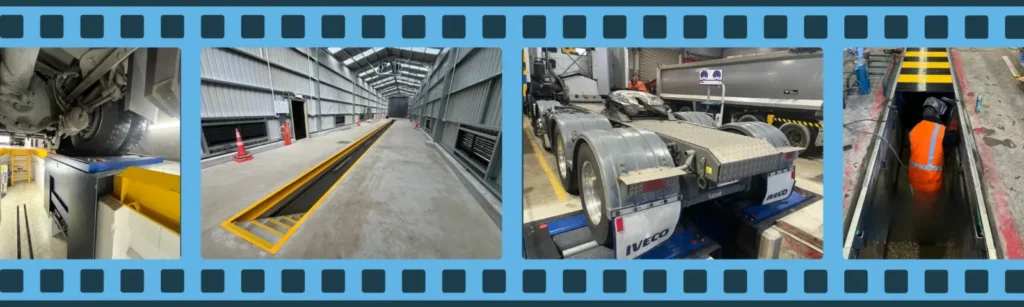 A filmstrip showing the Ryme Worldwide FRU-4 roller brake tester with a truck being tested, a prefabricated steel inspection pit installed by EquipSpecs, a technician testing a truck on a Ryme Worldwide FRU-4 roller brake tester and an EquipSpecs technician working on a prefabricated steel inspection pit.