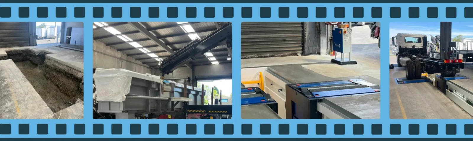 A four-stage montage showing the installation of a prefabricated steel pit extension and Ryme Worldwide FRU 4 roller brake tester, including excavation, craning the extension into place, equipment alignment, and a completed brake-testing lane.