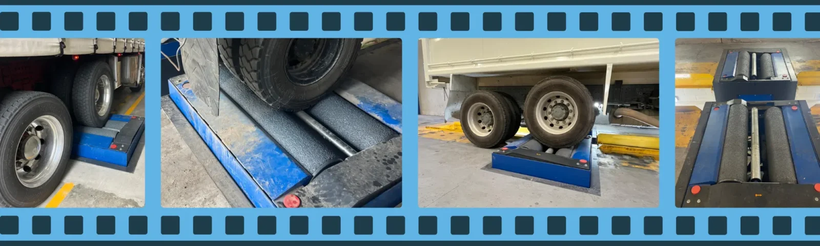 Heavy vehicle undergoing load-simulated brake testing on a roller brake tester in New Zealand