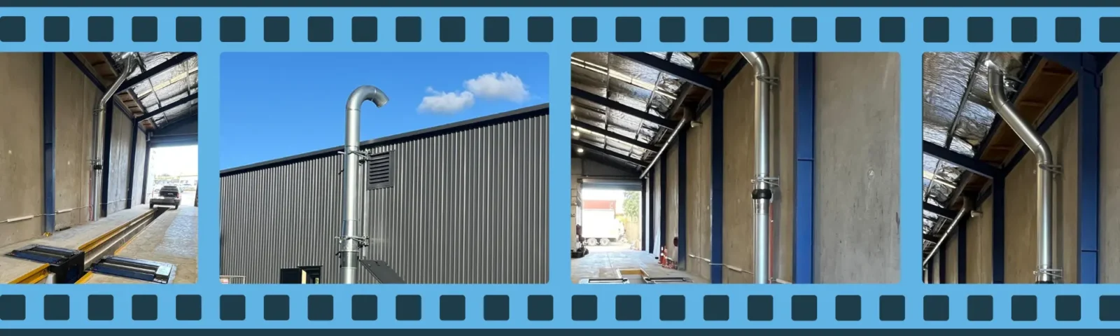 Inspection pit ventilation systems showing internal ducting and external discharge stack installed in heavy-vehicle workshop in New Zealand