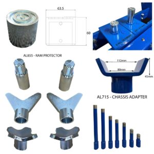 Autolift pit jack adapters and extensions including chassis adapters, ram protectors and lifting extensions for heavy vehicle workshops