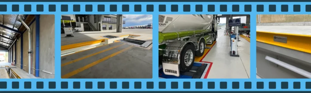 Heavy vehicle workshop design featuring inspection pit ventilation, roller brake tester, workshop pit, and LED pit lighting in a modern commercial vehicle workshop.